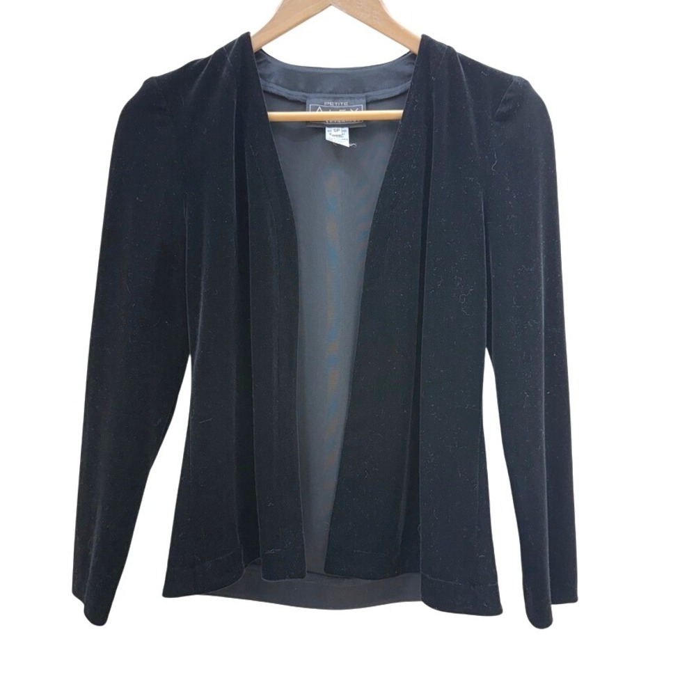 VTG Alex‎ Evenings Womens SP Black Velvet Open Front Blazer Jacket Formal Party
